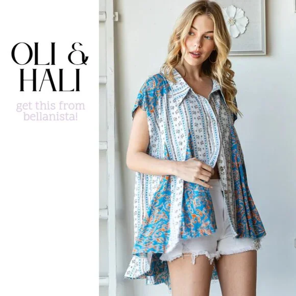 2160 OLI & HALI Blue Printed Flare Hem Button Up Swing Top - Picture 2 of 6